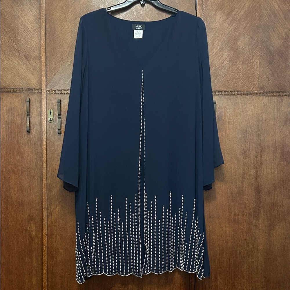 MSK women's navy beaded V-neck midi dress fully lined size 1X
